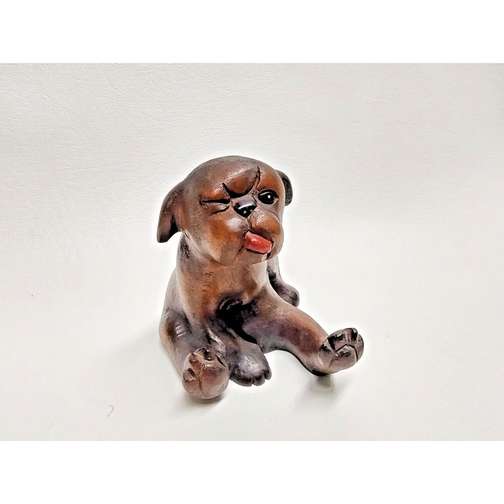 Vintage Hand Carved Wood Bulldog Ornery Bully Tongue Hanging out 3" tall